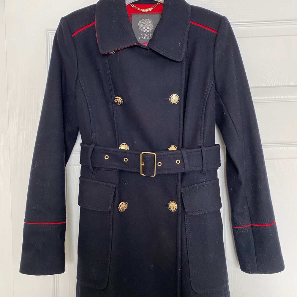 Vince Camuto belted double-breasted wool navy/red dress coat, size XS